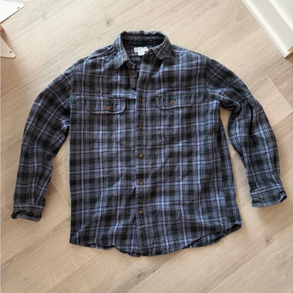 Carhartt Plaid Flannel Button Down Shirt Green Gray 100% Cotton Mens L